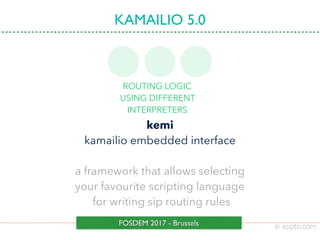 kemi
kamailio embedded interface
a framework that allows selecting
your favourite scripting language
for writing sip routi...