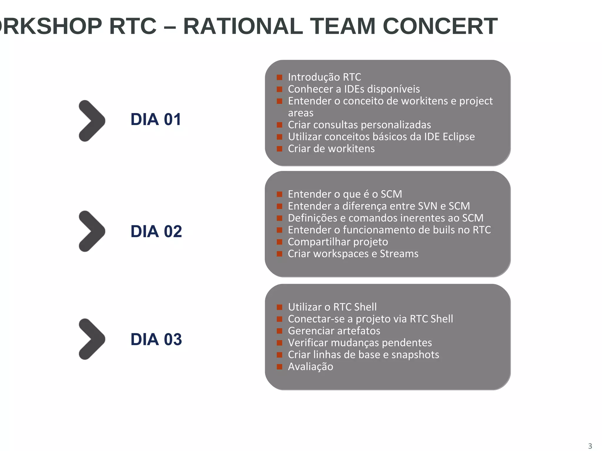 3
ORKSHOP RTC – RATIONAL TEAM CONCERT
DIA 01
■ Introdução RTC
■ Conhecer a IDEs disponíveis
■ Entender o conceito de workitens e project
areas
■ Criar consultas personalizadas
■ Utilizar conceitos básicos da IDE Eclipse
■ Criar de workitens
■ Introdução RTC
■ Conhecer a IDEs disponíveis
■ Entender o conceito de workitens e project
areas
■ Criar consultas personalizadas
■ Utilizar conceitos básicos da IDE Eclipse
■ Criar de workitens
DIA 02
■ Entender o que é o SCM
■ Entender a diferença entre SVN e SCM
■ Definições e comandos inerentes ao SCM
■ Entender o funcionamento de buils no RTC
■ Compartilhar projeto
■ Criar workspaces e Streams
■ Entender o que é o SCM
■ Entender a diferença entre SVN e SCM
■ Definições e comandos inerentes ao SCM
■ Entender o funcionamento de buils no RTC
■ Compartilhar projeto
■ Criar workspaces e Streams
■ Utilizar o RTC Shell
■ Conectar-se a projeto via RTC Shell
■ Gerenciar artefatos
■ Verificar mudanças pendentes
■ Criar linhas de base e snapshots
■ Avaliação
■ Utilizar o RTC Shell
■ Conectar-se a projeto via RTC Shell
■ Gerenciar artefatos
■ Verificar mudanças pendentes
■ Criar linhas de base e snapshots
■ Avaliação
DIA 03
 
