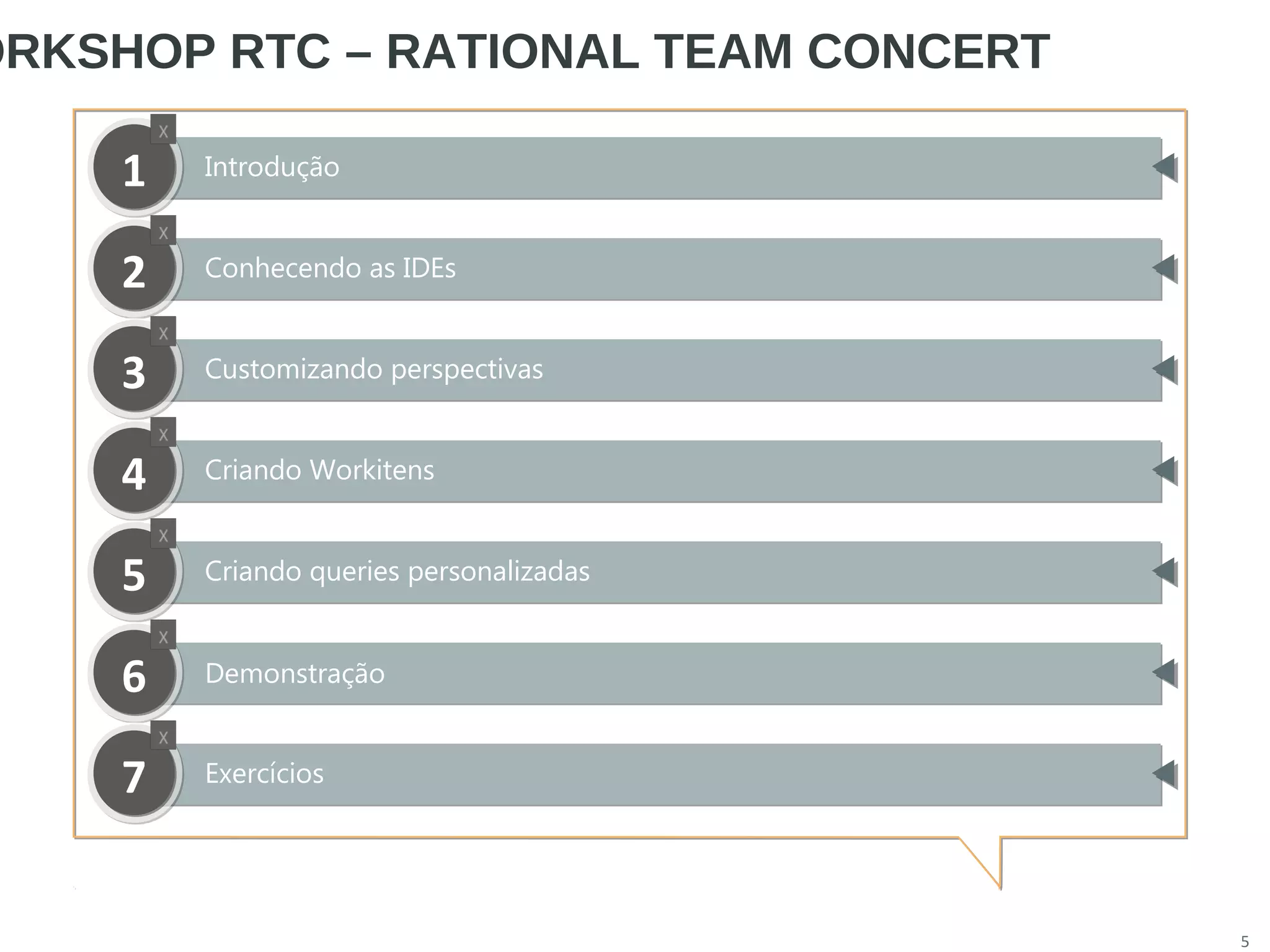 Introdução11
5
ORKSHOP RTC – RATIONAL TEAM CONCERT
Conhecendo as IDEs22
Customizando perspectivas33
Criando Workitens44
Criando queries personalizadas55
Introdução66
Exercícios77
Demonstração
 
