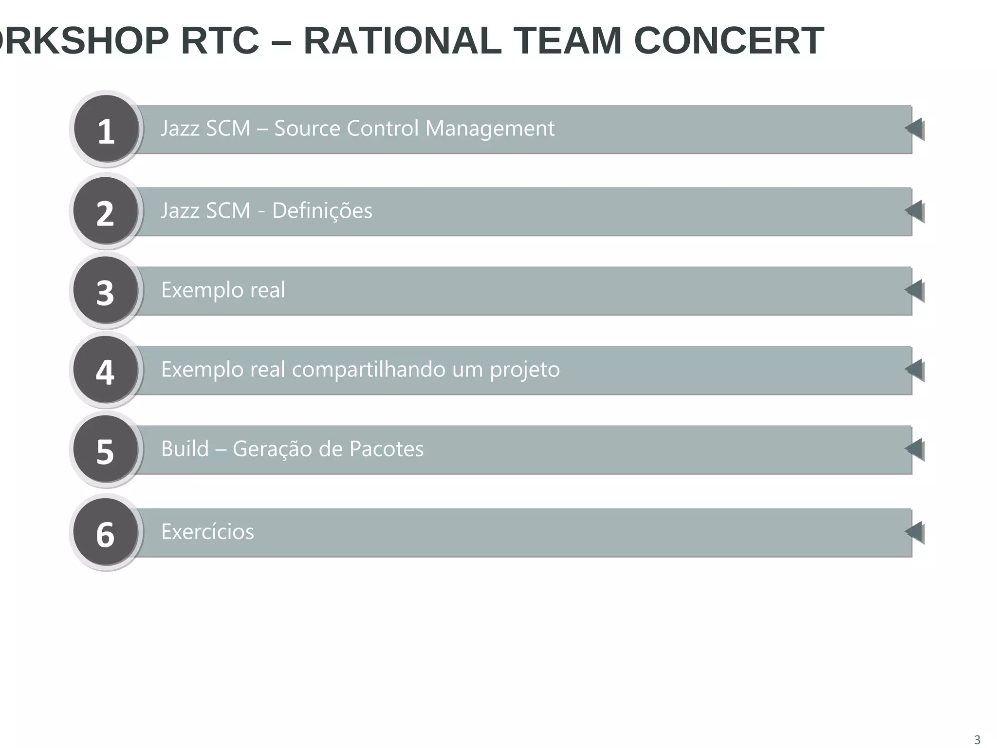 Jazz SCM – Source Control Management11
3
ORKSHOP RTC – RATIONAL TEAM CONCERT
Jazz SCM - Definições22
Exemplo real33
Exemplo real compartilhando um projeto44
Build – Geração de Pacotes55
Exercícios66
 