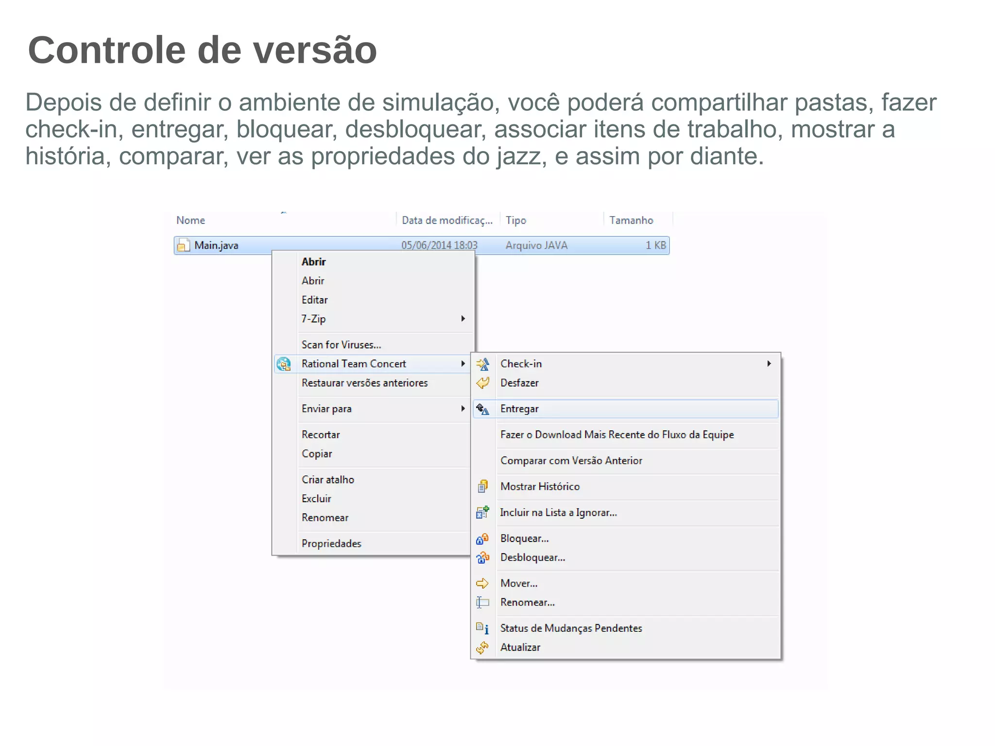 Controle de versão
Depois de definir o ambiente de simulação, você poderá compartilhar pastas, fazer
check-in, entregar, bloquear, desbloquear, associar itens de trabalho, mostrar a
história, comparar, ver as propriedades do jazz, e assim por diante.
 