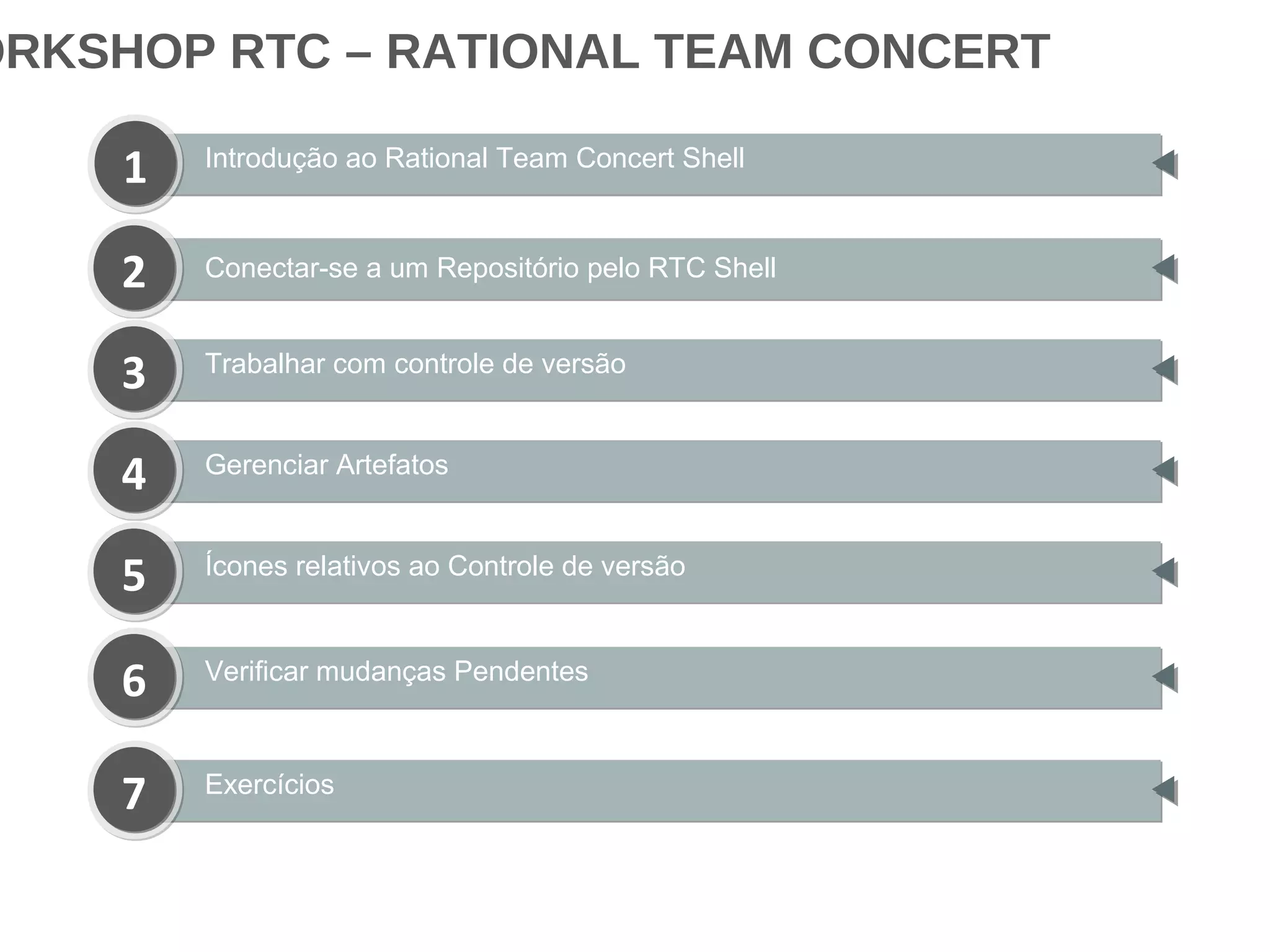 Introdução ao Rational Team Concert Shell
11
ORKSHOP RTC – RATIONAL TEAM CONCERT
Conectar-se a um Repositório pelo RTC Shell22
Trabalhar com controle de versão
33
Gerenciar Artefatos
44
Ícones relativos ao Controle de versão
55
Verificar mudanças Pendentes
66
Exercícios
77
 