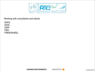 Working with consultants and clients
DWG,
DGN
DWF
FBX
FREEWHEEL
By Eldad AsoulinFAIRWEATHER PROBERTS ARCHITECTS
 