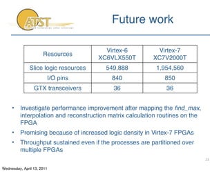 Future work

                                         Virtex-6           Virtex-7
                      Resources
        ...