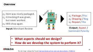 21
• What aspects should we design?
• How do we develop the system to perform it?
s1: Item was nicely packaged.
s2: A trac...