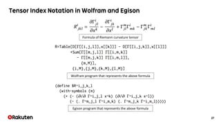 27
Wolfram program that represents the above formula
Egison program that represents the above formula
Formula of Riemann curvature tensor
 