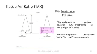 Tissue Air Ratio (TAR)
TAR = Dose in tissue
Dose in Air
*Normally used to perform
calcs for SAD treatments of
low energy machines.
*There is no patient backscatter
in the “in Air” measurements.
DR. NIK NOOR ASHIKIN BT NIK AB RAZAK 30
 