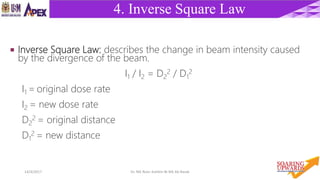 4114/4/2017 Dr. Nik Noor Ashikin Bt Nik Ab Razak
4. Inverse Square Law
 Inverse Square Law: describes the change in beam intensity caused
by the divergence of the beam.
I1 / I2 = D2
2 / D1
2
I1 = original dose rate
I2 = new dose rate
D2
2 = original distance
D1
2 = new distance
 