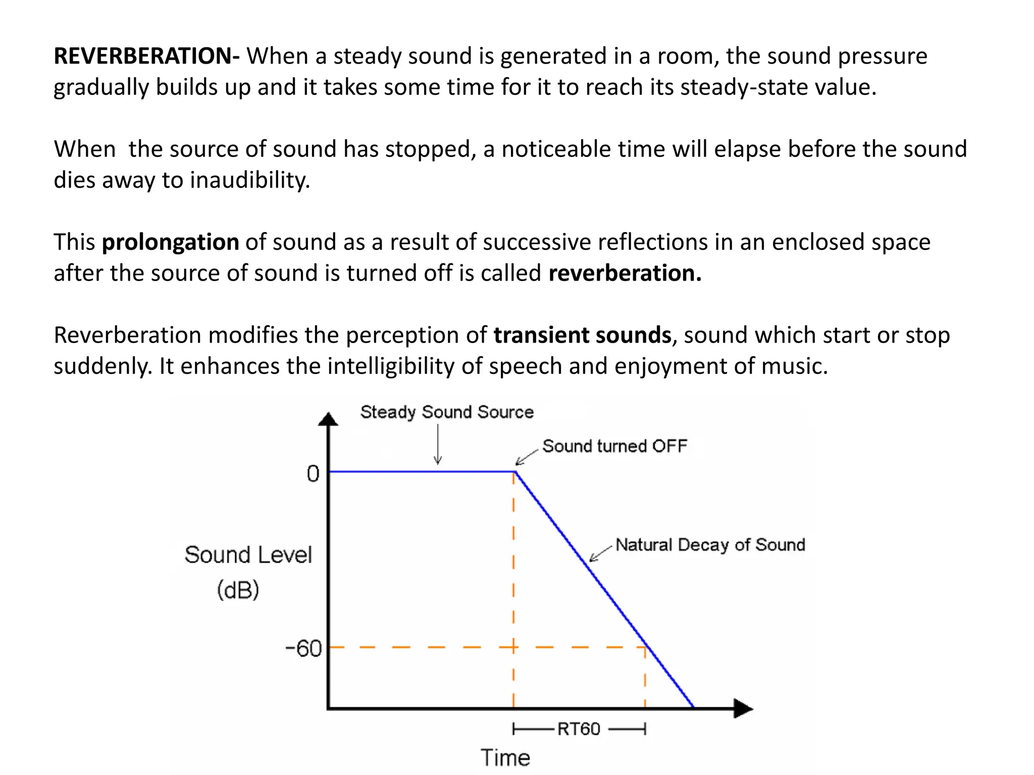 REVERBERATION- When a steady sound is generated in a room, the sound pressure
gradually builds up and it takes some time for it to reach its steady-state value.
When the source of sound has stopped, a noticeable time will elapse before the sound
dies away to inaudibility.
This prolongation of sound as a result of successive reflections in an enclosed space
after the source of sound is turned off is called reverberation.
Reverberation modifies the perception of transient sounds, sound which start or stop
suddenly. It enhances the intelligibility of speech and enjoyment of music.