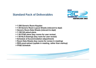 Standard Pack of Deliverables
> 1:200 Generic Room Keyplan
> 1:50 Generic Room Layout Sheets (relevant to dept)
> Generic Room Data Sheets (relevant to dept)> Generic Room Data Sheets (relevant to dept)
> 1:100 GA setout plans
> 1:50 FF&E plans (key rooms for user review)
> 1:50 RLS drawings (key room for user review)
> Schedule of Accommodation (department)
> Room Data Sheets (key rooms for review in meeting)
> RDS excel extract (update in meeting, rather than markup)
> FF&E S h d l> FF&E Schedule
 