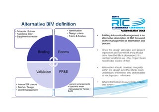 Alternative BIM definition
• Building Information Management is an
alternative description of BIM focussed
• Identification
• Design criteria
• Fabric & finishes
• Schedule of Areas
• Functional brief
• Equipment schedule
alternative description of BIM, focussed
on the management of information and
process.
• Once the design principles and project• Once the design principles and project
aspirations are identified, they should
drive how the BIM is developed, it’s
content and final use - the project team
need to be aware of this!
Briefing Rooms
• Information should develop integrally
within the design and the whole team
understand the needs and deliverablesFF&EValidation
at each project milestone.
• What information do our clients require
and when?• Generic arrangements
• Specialist areas
• Internal QA checks
• Specialist areas
• Schedules for Tender /
BofQ
• Brief vs. Design
• Client management
 