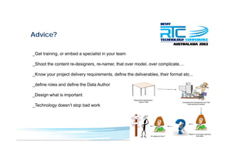 Advice?
Get training or embed a specialist in your team_Get training, or embed a specialist in your team
_Shoot the content re-designers, re-namer, that over model, over complicate....
_Know your project delivery requirements, define the deliverables, their format etc...
_define roles and define the Data Author
_Design what is important
Technology doesn’t stop bad work_Technology doesn t stop bad work
 