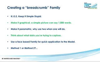 Creating a “breadcrumb” Family
• K.I.S.S, Keep It Simple Stupid.
• Make it graphical, a simple picture can say 1,000 words.
• Make it parametric, why use two when one will do.
• Think about what data you’re trying to capture.
• Use a face based Family for quick application to the Model.
• Method 1 or Method 2?...
 