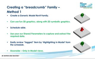 Creating a “breadcrumb” Family –
Method 1
• Create a Generic Model Revit Family.
• Can use fun 3D graphics, along with 2D symbolic graphics.
• Schedule-able.
• Use your our Shared Parameters to capture and extract the
required data.
• Easily review “tagged” item by ‘Highlighting in Model’ from
the schedule.
• Downside – Only in Model views.
 