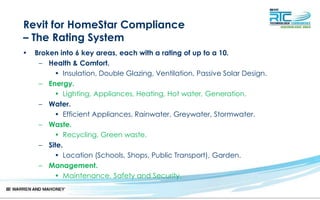 Revit for HomeStar Compliance
– The Rating System
• Broken into 6 key areas, each with a rating of up to a 10.
– Health & Comfort.
• Insulation, Double Glazing, Ventilation, Passive Solar Design.
– Energy.
• Lighting, Appliances, Heating, Hot water, Generation.
– Water.
• Efficient Appliances, Rainwater, Greywater, Stormwater.
– Waste.
• Recycling, Green waste.
– Site.
• Location (Schools, Shops, Public Transport), Garden.
– Management.
• Maintenance, Safety and Security.
 