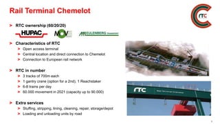 1
Rail Terminal Chemelot
> RTC ownership (60/20/20)
> Characteristics of RTC
> Open access terminal
> Central location and direct connection to Chemelot
> Connection to European rail network
> RTC in number
> 3 tracks of 700m each
> 1 gantry crane (option for a 2nd), 1 Reachstaker
> 6-8 trains per day
> 60.000 movement in 2021 (capacity up to 90.000)
> Extra services
> Stuffing, stripping, lining, cleaning, repair, storage/depot
> Loading and unloading units by road
 