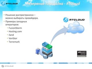 • Решение распространено –
можно выбирать провайдера.
• Примеры западных
операторов:
• FusionStorm
• Hosting.com
• iland
• VeriStor
• Terremark

Публичное
Облако
Сервис провайдера

 