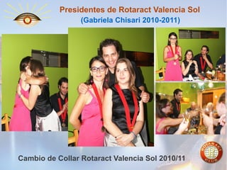 Presidentes de Rotaract Valencia Sol
(Gabriela Chisari 2010-2011)

Cambio de Collar Rotaract Valencia Sol 2010/11

 