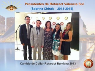 Presidentes de Rotaract Valencia Sol
(Sabrina Chiralt – 2013-2014)

Cambio de Collar Rotaract Burriana 2013

 