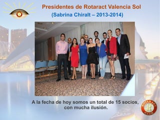 Presidentes de Rotaract Valencia Sol
(Sabrina Chiralt – 2013-2014)

A la fecha de hoy somos un total de 15 socios,
con mucha ilusión.

 