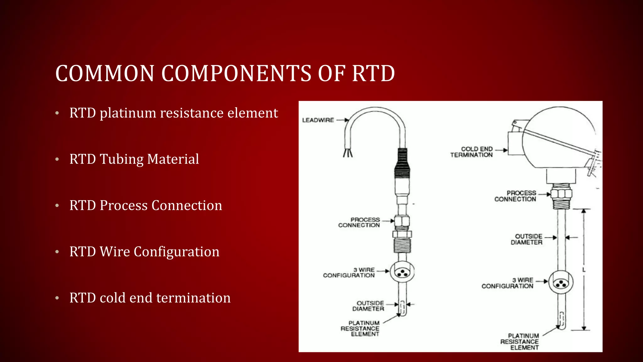 COMMON COMPONENTS OF RTD
• RTD platinum resistance element
• RTD Tubing Material
• RTD Process Connection
• RTD Wire Configuration
• RTD cold end termination
5
 