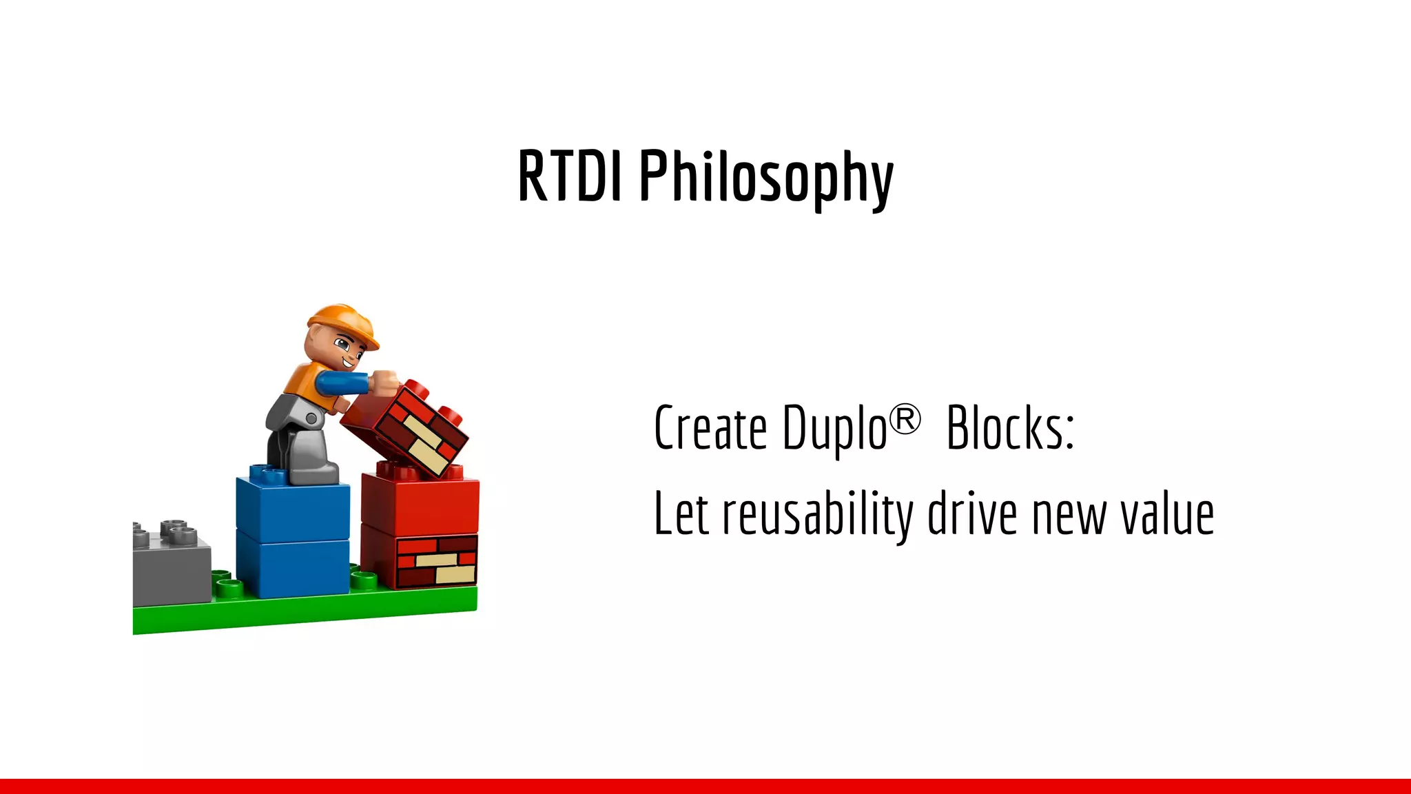 Create DuploⓇ
Blocks:
Let reusability drive new value
RTDI Philosophy
 