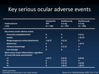 Key serious ocular adverse events
                                                Verteporfin   Ranibizumab         Ranibizumab
  Preferred term                                PDT           0.3 mg              0.5 mg
  n (%)                                         (n = 143)     (n = 137)           (n = 140)

  Key serious ocular adverse events
    Presumed endophthalmitis*                   0             0                   3 (2.1)
    Uveitis                                     0             0                   1 (0.7)*
    Rhegmatogenous retinal detachment           1 (0.7)†      2 (1.5)             0
    Retinal tear                                0             0                   1 (0.7)
    Vitreous hemorrhage                         0             2 (1.5)             0
    Lens damage                                 0             0                   0
  Most severe ocular inflammation, regardless
  of cause (slit-lamp examination)
    1+                                          1 (0.7)       3 (2.2)             9 (6.4)
    2+                                          0             2 (1.5)             0
    3+                                          0             2 (1.5)             4 (2.9)
    4+                                          0             1 (0.7)             1 (0.7)

Safety population
Footnotes are presented in the notes section                   Brown et al. Ophthalmology 2009; 116: 57-65
 