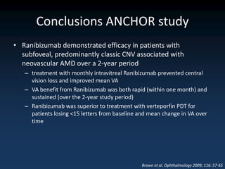Conclusions ANCHOR study
• Ranibizumab demonstrated efficacy in patients with
  subfoveal, predominantly classic CNV associated with
  neovascular AMD over a 2-year period
   – treatment with monthly intravitreal Ranibizumab prevented central
     vision loss and improved mean VA
   – VA benefit from Ranibizumab was both rapid (within one month) and
     sustained (over the 2-year study period)
   – Ranibizumab was superior to treatment with verteporfin PDT for
     patients losing <15 letters from baseline and mean change in VA over
     time




                                               Brown et al. Ophthalmology 2009; 116: 57-65
 