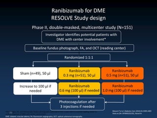 Ranibizumab for DME
                                                         RESOLVE Study design
                                 Phase II, double-masked, multicenter study (N=151)
                                                  Investigator identifies potential patients with
                                                         DME with center involvement*

                                  Baseline fundus photograph, FA, and OCT (reading center)

                                                                         Randomized 1:1:1


                                                                            Ranibizumab                                  Ranibizumab
                  Sham (n=49), 50 µl                                    0.3 mg (n=51), 50 µl                         0.5 mg (n=51), 50 µl

                 Increase to 100 µl if                                  Ranibizumab               Ranibizumab
                       needed                                      0.6 mg (100 µl) if needed 1.0 mg (100 µl) if needed

                                                                   Photocoagulation after
                                                                    3 injections if needed
*OCT images, FA, and stereoscopic fundus photographs collected at Visit 1 were sent to a central reading center to      Massin P et al. Diabetes Care 2010;33:2399-2405
     29
confirm diagnosis of DME with center involvement                                                                        Data on file CRFB002D2201, Novartis
DME: diabetic macular edema; FA: fluorescein angiography; OCT: optical coherence tomography
 