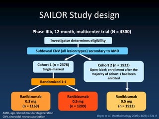SAILOR Study design
                     Phase IIIb, 12-month, multicenter trial (N = 4300)
                                   Investigator determines eligibility

                        Subfoveal CNV (all lesion types) secondary to AMD


                         Cohort 1 (n = 2378)                     Cohort 2 (n = 1922)
                             Single-masked                 Open-label; enrollment after the
                                                            majority of cohort 1 had been
                                                                       enrolled
                           Randomized 1:1


            Ranibizumab                      Ranibizumab                      Ranibizumab
               0.3 mg                           0.5 mg                           0.5 mg
             (n = 1169)                       (n = 1209)                       (n = 1922)
AMD, age-related macular degeneration
CNV, choroidal neovascularization                               Boyer et al. Ophthalmology 2009;116(9):1731-9
 