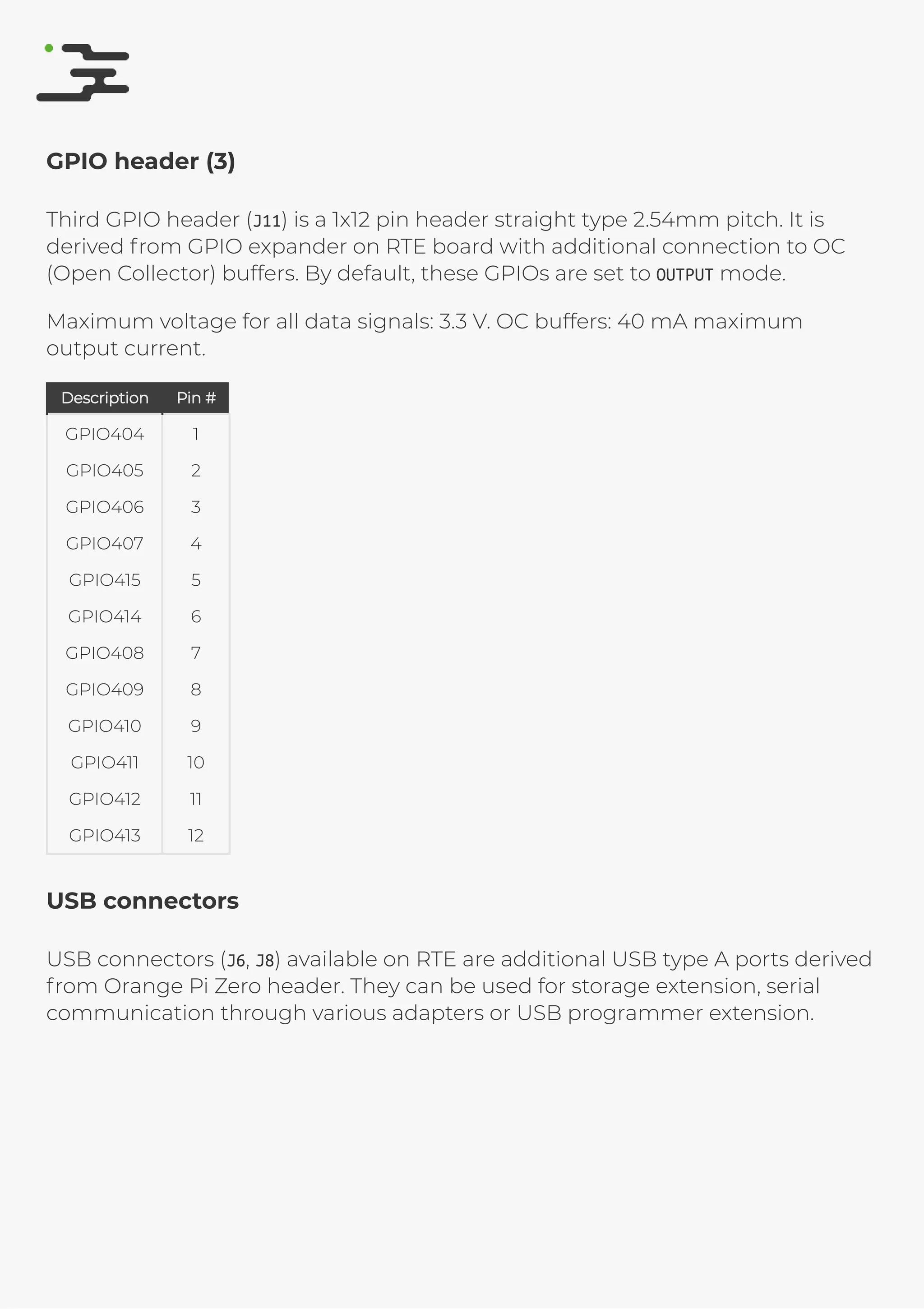 4/25/2019 rte speciﬁcation
http://127.0.0.1:8080/rte-speciﬁcation.html#1 10/17
GPIO header (3)
Third GPIO header (J11) is a 1x12 pin header straight type 2.54mm pitch. It is
derived from GPIO expander on RTE board with additional connection to OC
(Open Collector) buffers. By default, these GPIOs are set to OUTPUT mode.
Maximum voltage for all data signals: 3.3 V. OC buffers: 40 mA maximum
output current.
DescriptionDescription Pin #Pin #
GPIO404 1
GPIO405 2
GPIO406 3
GPIO407 4
GPIO415 5
GPIO414 6
GPIO408 7
GPIO409 8
GPIO410 9
GPIO411 10
GPIO412 11
GPIO413 12
USB connectors
USB connectors (J6, J8) available on RTE are additional USB type A ports derived
from Orange Pi Zero header. They can be used for storage extension, serial
communication through various adapters or USB programmer extension.
 