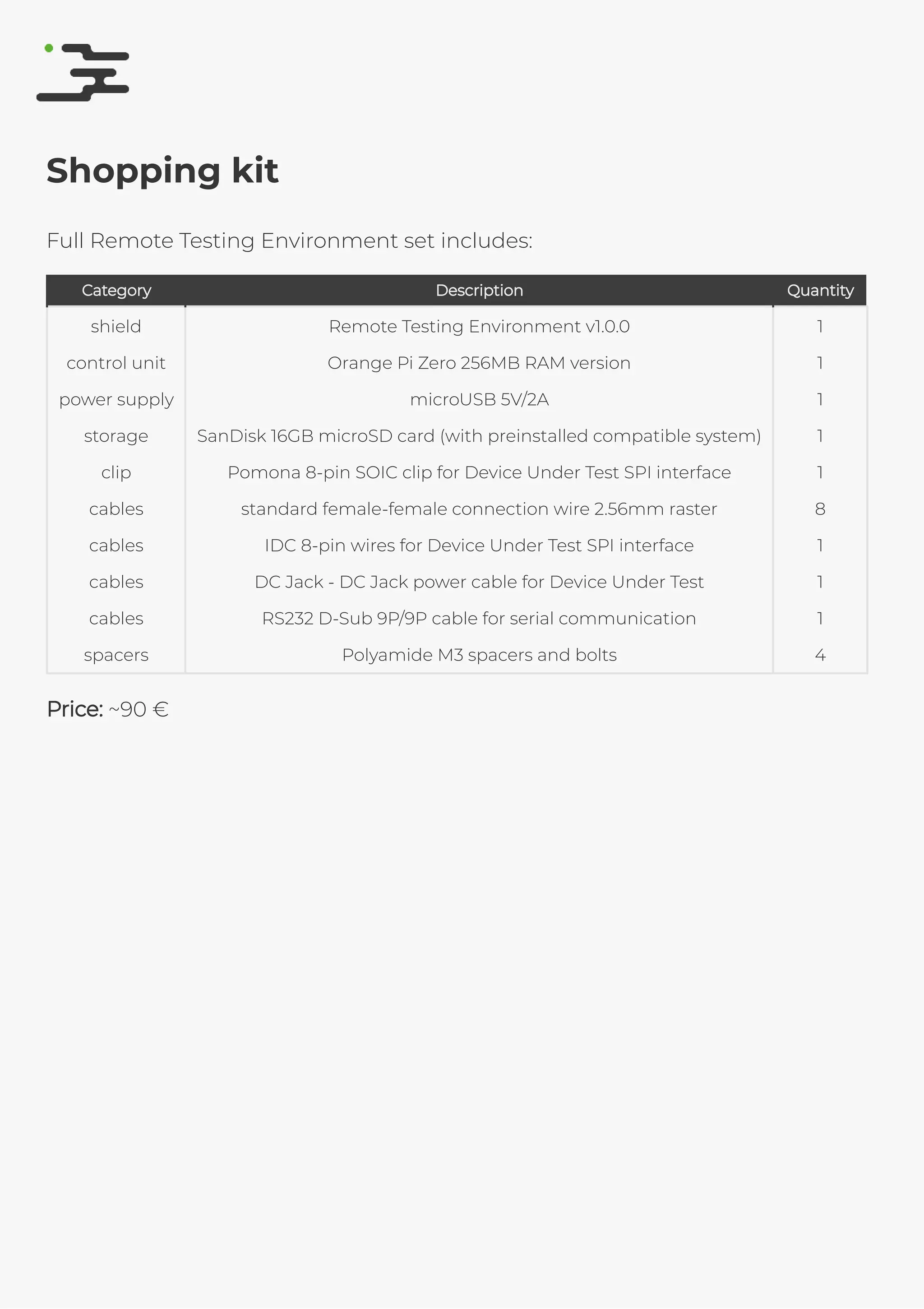 4/25/2019 rte speciﬁcation
http://127.0.0.1:8080/rte-speciﬁcation.html#1 14/17
Shopping kit
Full Remote Testing Environment set includes:
CategoryCategory DescriptionDescription QuantityQuantity
shield Remote Testing Environment v1.0.0 1
control unit Orange Pi Zero 256MB RAM version 1
power supply microUSB 5V/2A 1
storage SanDisk 16GB microSD card (with preinstalled compatible system) 1
clip Pomona 8-pin SOIC clip for Device Under Test SPI interface 1
cables standard female-female connection wire 2.56mm raster 8
cables IDC 8-pin wires for Device Under Test SPI interface 1
cables DC Jack - DC Jack power cable for Device Under Test 1
cables RS232 D-Sub 9P/9P cable for serial communication 1
spacers Polyamide M3 spacers and bolts 4
Price:Price: ~90 €
 