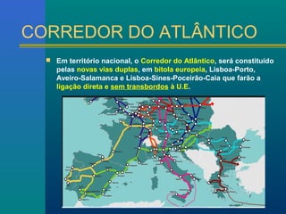 CORREDOR DO ATLÂNTICO 
 Em território nacional, o Corredor do Atlântico, será constituído 
pelas novas vias duplas, em bitola europeia, Lisboa-Porto, 
Aveiro-Salamanca e Lisboa-Sines-Poceirão-Caia que farão a 
ligação direta e sem transbordos à U.E. 
 