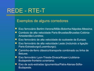 REDE - RTE-T 
Exemplos de alguns corredores 
 Eixo ferroviário Berlim-Verona/Milão-Bolonha-Nápoles-Messina; 
 Comboio de alta velocidade Paris-Bruxelas/Bruxelas-Colónia- 
Amesterdão-Londres; 
 Eixo ferroviário de alta velocidade do sudoeste da Europa; 
 Eixo ferroviário de alta velocidade Leste (incluindo a ligação 
Paris-Estrasburgo/Luxemburgo); 
 Caminho-de-ferro clássico/transporte combinado ou linha de 
Betuwe; 
 Eixo ferroviário Lyon-Trieste-Divaca/Koper-Liubliana- 
Budapeste-fronteira ucraniana; 
 Eixo de auto-estradas Igoumenitsa/Patra-Atenas-Sófia- 
Budapeste. 
 