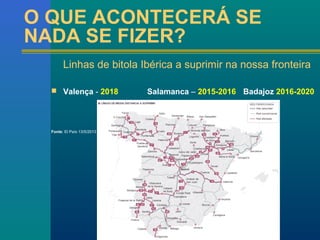 O QUE ACONTECERÁ SE 
NADA SE FIZER? 
Linhas de bitola Ibérica a suprimir na nossa fronteira 
 Valença - 2018 Salamanca – 2015-2016 Badajoz 2016-2020 
Fonte: El País 13/5/2013 
 