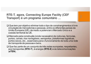 RTE-T, agora, Connecting Europe Facility (CEF
Transport) é um programa comunitário ...
q Que tem por objetivo eliminar todo o tipo de constrangimentos à livre
circulação de mercadorias e pessoas, entre os diferentes países da
União Europeia (UE), de modo a potenciar o Mercado Único e a
coesão territorial da UE.
q Marcado pela construção (onde necessário) de rodovias, ferrovias,
portos, canais, rios navegáveis, aeroportos, plataformas logísticas,
portos secos, etc., essenciais para o funcionamento de toda uma rede
de transporte de pessoas e bens.
q Que faz parte de um conjunto de três redes europeias, respeitantes,
aos transportes (RTE-T), à energia (RTE-E) e às telecomunicações
(eTEN).
2
 