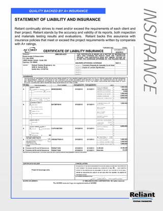 INSURANCE
          QUALITY BACKED BY A+ INSURANCE

STATEMENT OF LIABILITY AND INSURANCE

Reliant continually strives to meet and/or exceed the requirements of each client and
their project. Reliant stands by the accuracy and validity of its reports, both inspection
and materials testing results and evaluations. Reliant backs this assurance with
insurance policies that meet or exceed the project requirements written by companies
with A+ ratings.
 