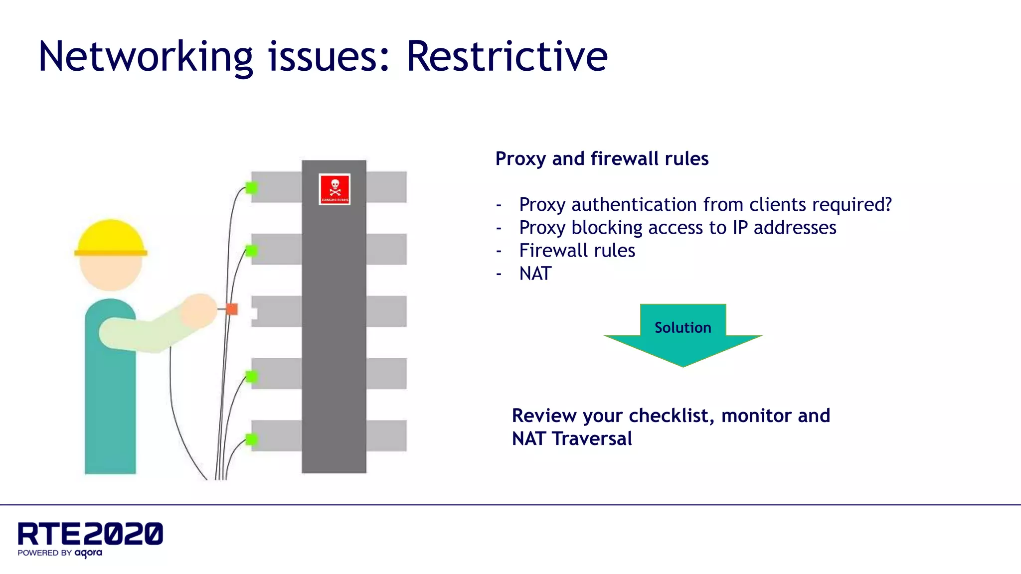 Networking issues: Restrictive
Review your checklist, monitor and
NAT Traversal
Proxy and firewall rules
- Proxy authentication from clients required?
- Proxy blocking access to IP addresses
- Firewall rules
- NAT
Solution
 