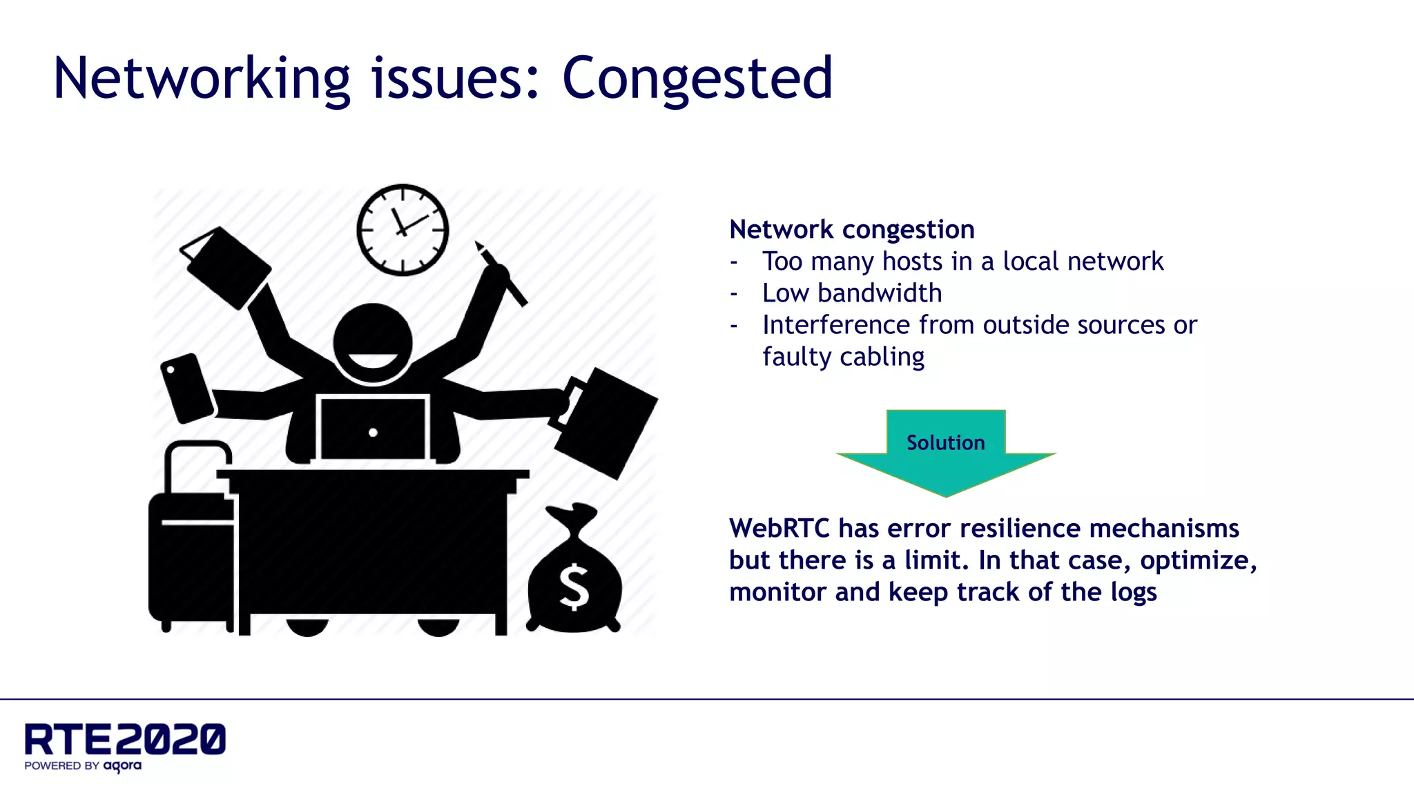 Networking issues: Congested
Network congestion
- Too many hosts in a local network
- Low bandwidth
- Interference from outside sources or
faulty cabling
WebRTC has error resilience mechanisms
but there is a limit. In that case, optimize,
monitor and keep track of the logs
Solution
 