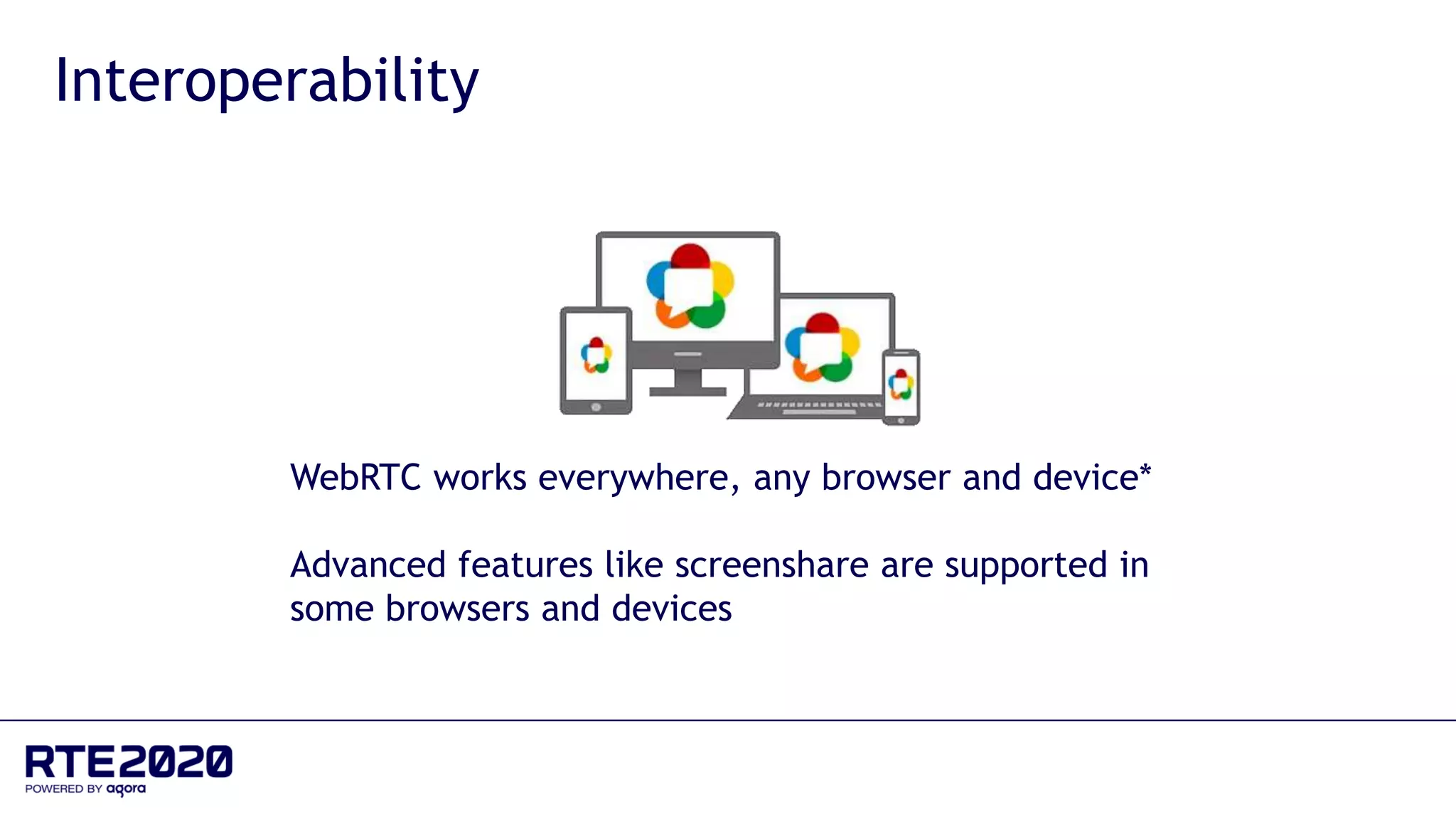 Interoperability
WebRTC works everywhere, any browser and device*
Advanced features like screenshare are supported in
some browsers and devices
 