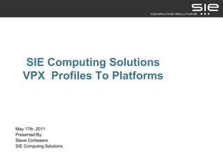 SIE Computing Solutions
   VPX Profiles To Platforms



May 17th, 2011
Presented By:
Steve Corbesero
SIE Computng Solutions
 
