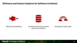 23
Efficiency and Carbon Footprint for Software Architects
Resource overbooking. Insufficient daily and monthly
resources utilization.
Using public clouds right.
 