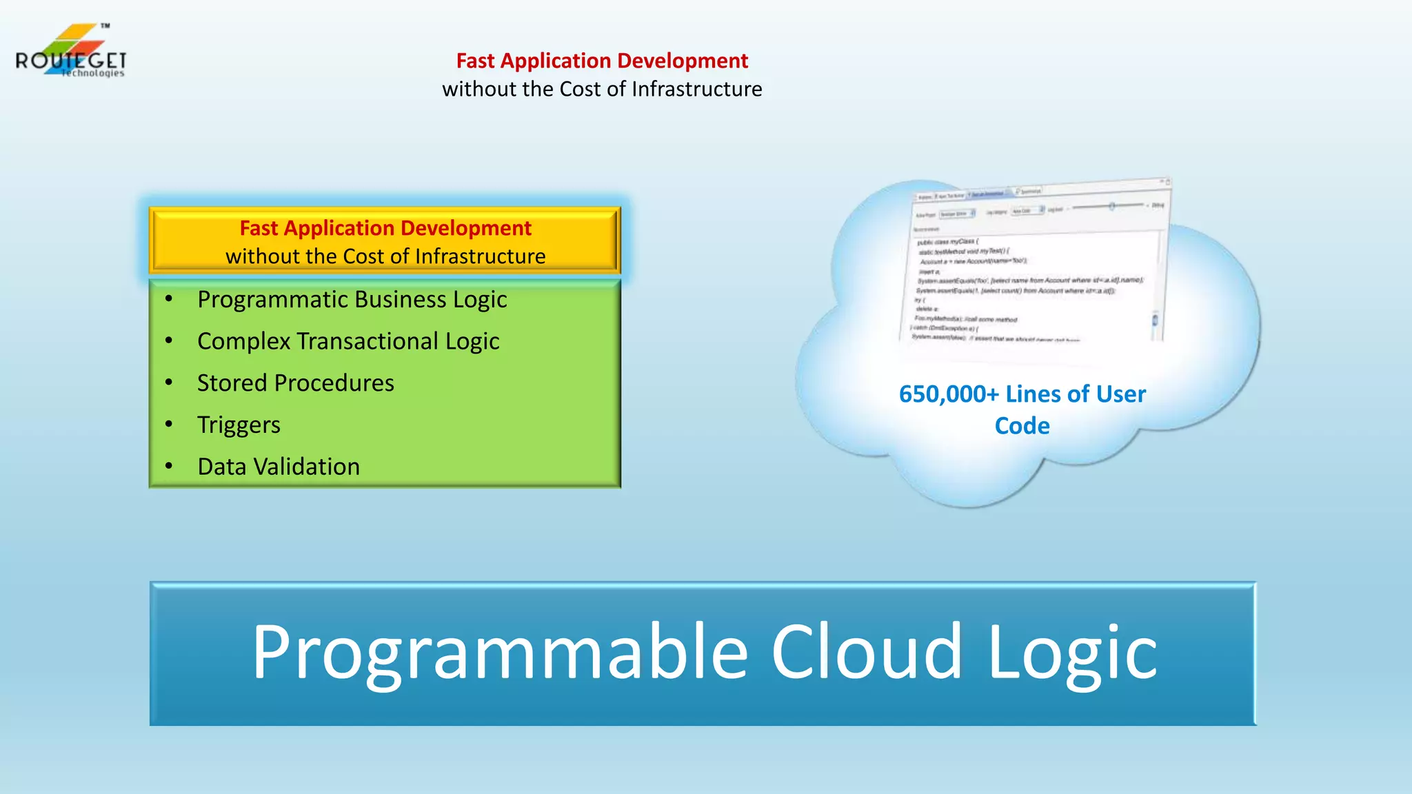 Fast Application Development
without the Cost of Infrastructure

Fast Application Development
without the Cost of Infrastructure

• Programmatic Business Logic
• Complex Transactional Logic
• Stored Procedures
• Triggers

650,000+ Lines of User
Code

• Data Validation

Programmable Cloud Logic

 