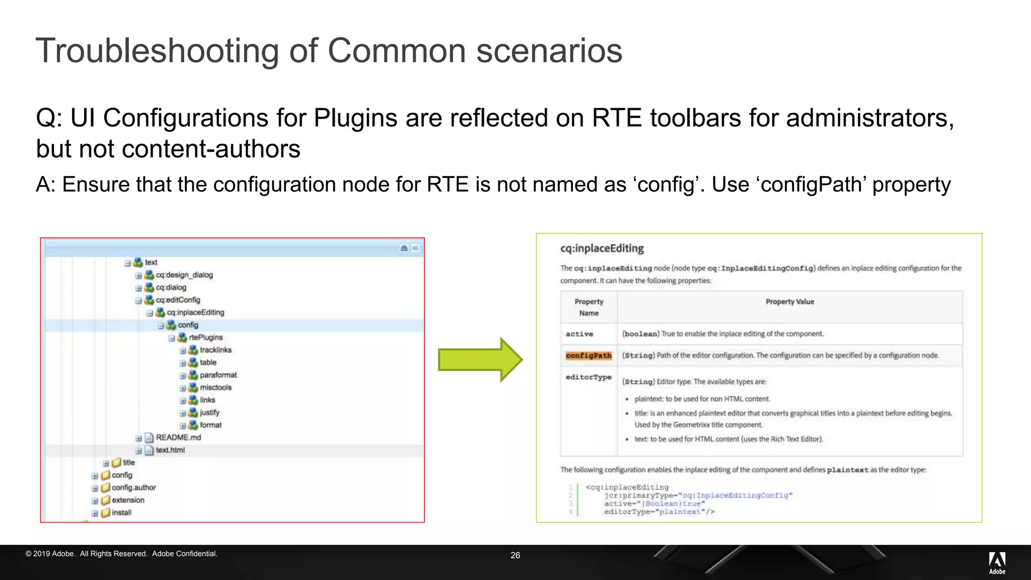 © 2019 Adobe. All Rights Reserved. Adobe Confidential.
Troubleshooting of Common scenarios
Q: UI Configurations for Plugins are reflected on RTE toolbars for administrators,
but not content-authors
A: Ensure that the configuration node for RTE is not named as ‘config’. Use ‘configPath’ property
26
 