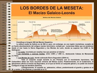 LOS BORDES DE LA MESETA:
                     El Macizo Galaico-Leonés




      Constituye el ángulo NW del Macizo Hespérico.
      La altitud media de Galicia es de 500 m, pero, sin embargo, es una región montañosa, surgida de
un fuerte abombamiento del antiguo macizo herciniano, cortada por numerosas fallas que se escalonan
desde el mar hasta la Sierra Segundera y los Montes de León, donde se superan los 2.000 m. Se
distinguen:
      a. La costa, recortada por amplías rías que penetran al interior.
      b.Las montañas y cuencas medías, entre 3.000 y 1.000 m., destacando Cabeza de Manzaneda
(1.778m)
      c. Los Montes de León, donde sobresale Sierra Segundera (2044 m).
             Todo el conjunto surgió durante la era Primaria con el movimiento herciniano. Del
Carbonífero datan los ricos recursos mineros del Bierzo (León). Posteriormente, en el Cuaternario, el
glaciarismo afectó al macizo de Segundera, en el que se formó un casquete glaciar y su poder de erosión
configuró el lago de Sanabria (Zamora).
             Litológicamente, el roquedo es paleozoico, silíceo, predominando el granito y gneiss en el
W. y centro, y las pizarras y cuarcitas en el E.
 
