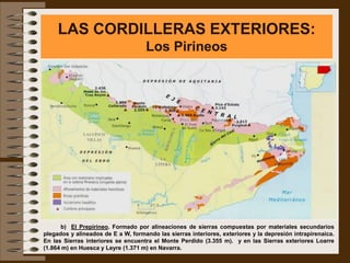 LAS CORDILLERAS EXTERIORES:
                                    Los Pirineos




      b) El Prepirineo. Formado por alineaciones de sierras compuestas por materiales secundarios
plegados y alineados de E a W, formando las sierras interiores, exteriores y la depresión intrapirenaica.
En las Sierras interiores se encuentra el Monte Perdido (3.355 m). y en las Sierras exteriores Loarre
(1.864 m) en Huesca y Leyre (1.371 m) en Navarra.
 