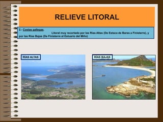 RELIEVE LITORAL
2.- Costas gallegas.
                          Litoral muy recortado por las Rías Altas (De Estaca de Bares a Finisterre), y
por las Rías Bajas (De Finisterre al Estuario del Miño)




   RÍAS ALTAS                                              RÍAS BAJAS
 