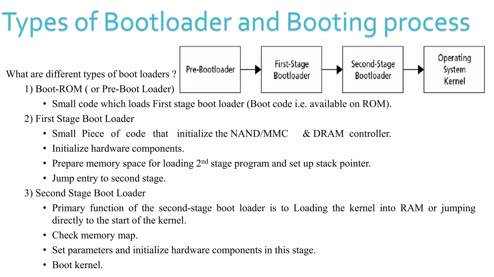 Types of Bootloader and Booting process
What are different types of boot loaders ?
1) Boot-ROM ( or Pre-Boot Loader)
• Small code which loads First stage boot loader (Boot code i.e. available on ROM).
2) First Stage Boot Loader
• Small Piece of code that initialize the NAND/MMC & DRAM controller.
• Initialize hardware components.
• Prepare memory space for loading 2nd stage program and set up stack pointer.
• Jump entry to second stage.
3) Second Stage Boot Loader
• Primary function of the second-stage boot loader is to Loading the kernel into RAM or jumping
directly to the start of the kernel.
• Check memory map.
• Set parameters and initialize hardware components in this stage.
• Boot kernel.
 