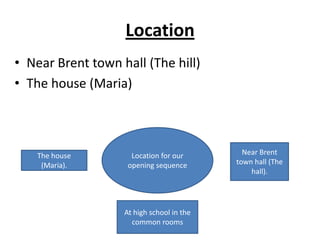 Location
• Near Brent town hall (The hill)
• The house (Maria)



    The house        Location for our        Near Brent
     (Maria).       opening sequence       town hall (The
                                               hall).




                   At high school in the
                     common rooms
 