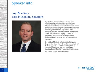 Speaker info
Jay Graham
Vice President, Solutions
Jay Graham, Randstad Technologies Vice
President and Global Practice Executive for
Infrastructure Services and Deployment Services
delivery, oversees project-based and outsourced
technology services for key clients. Jay’s
previous includes serving as Chief Information
Officer for Randstad’s legacy IT services
subsidiary, Technisource, as well as Chief
Technology Officer for a Top 300 eCommerce
company.
Jay holds a Master’s of Science in Computer
Engineering from the U.S. Air Force Institute of
Technology and an MBA from Wright State
University in Dayton, OH. He earned his
Bachelors of Science in Computer Science from
the United States Naval Academy.

2

 